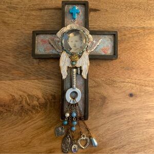Mixed Media Decorative Wall Cross with Vintage Photo and Blue Accents